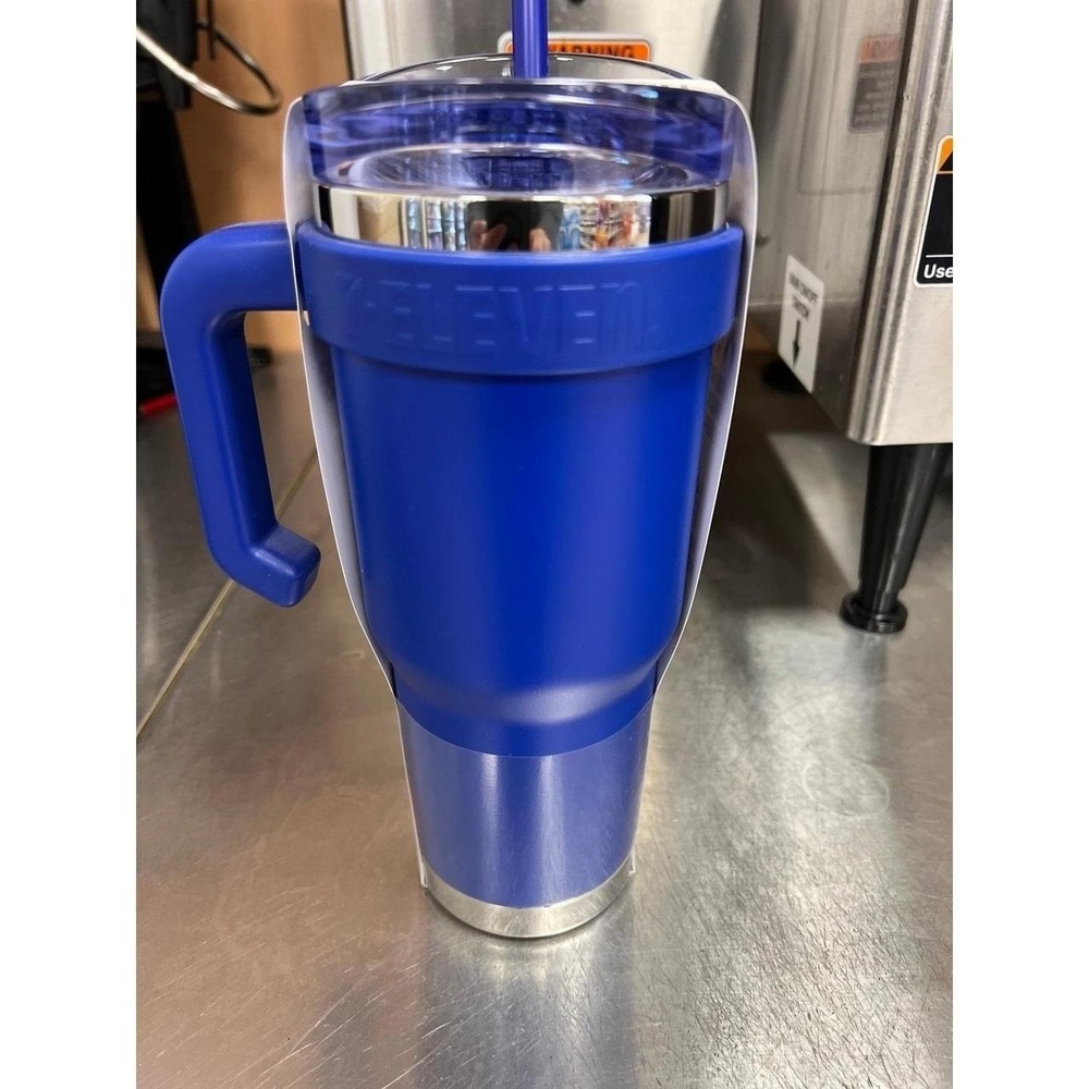 1- 7-Eleven  Camouflage Insulated Tumbler W/Handle, Straw, Plastic, Steel Blue - Picture 2 of 3